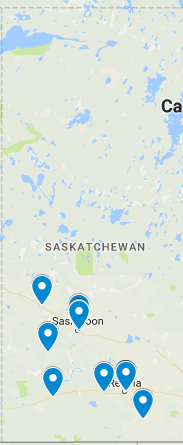 Map of Canada Drives' dealership locations in Saskatchewan